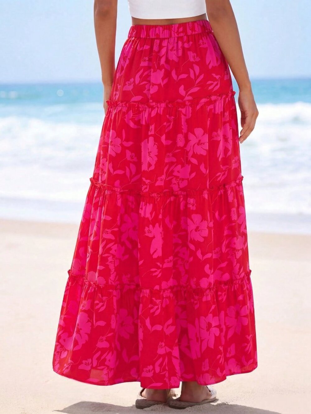 Red And Pink Casual Women's Floral Tiered A-Line Maxi Skirt - Picture 2 of 5
